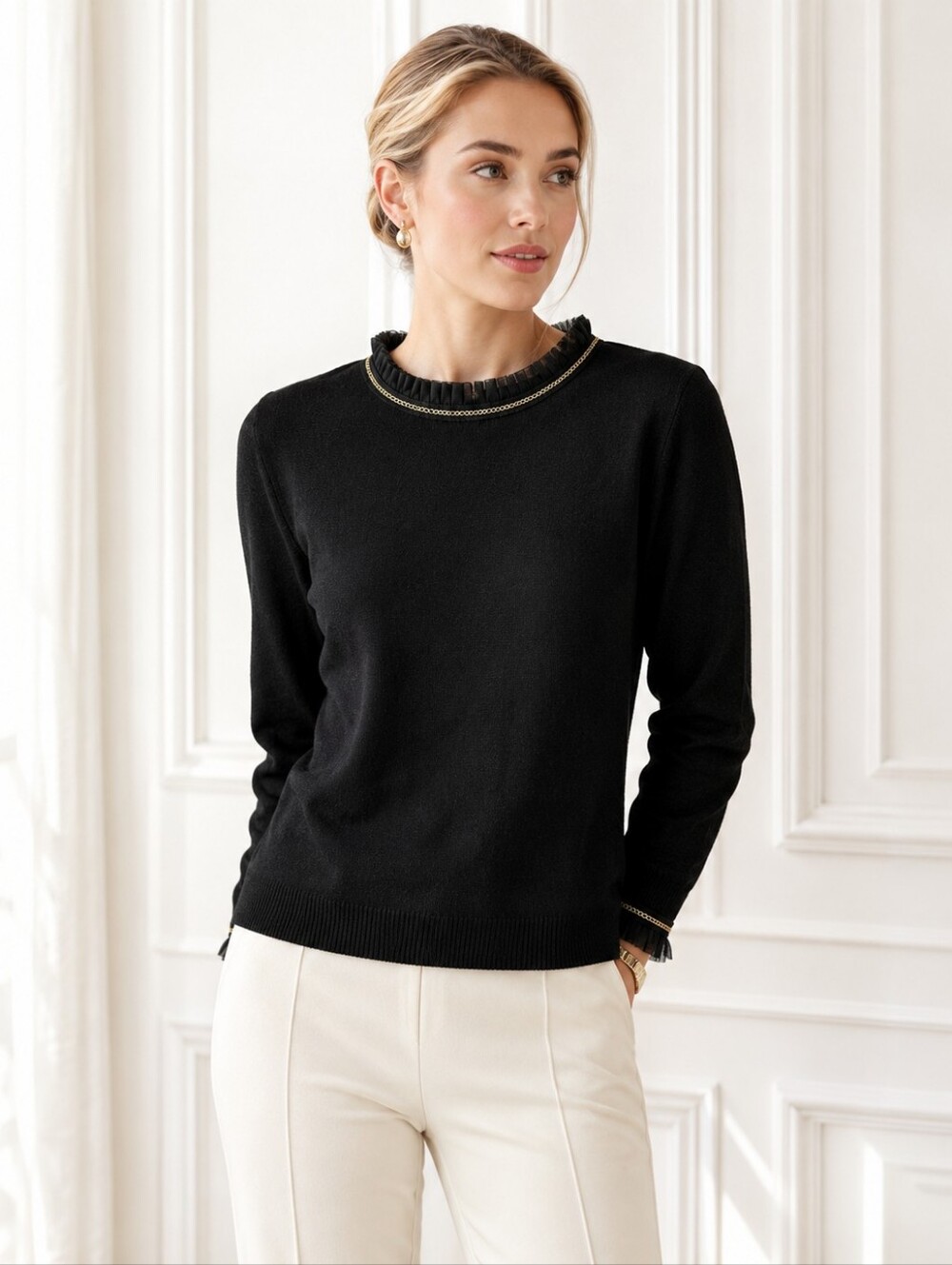 LIV Milano Gold Trim Embellished Sweater Size XL | Black Knit | Quiet Luxury |